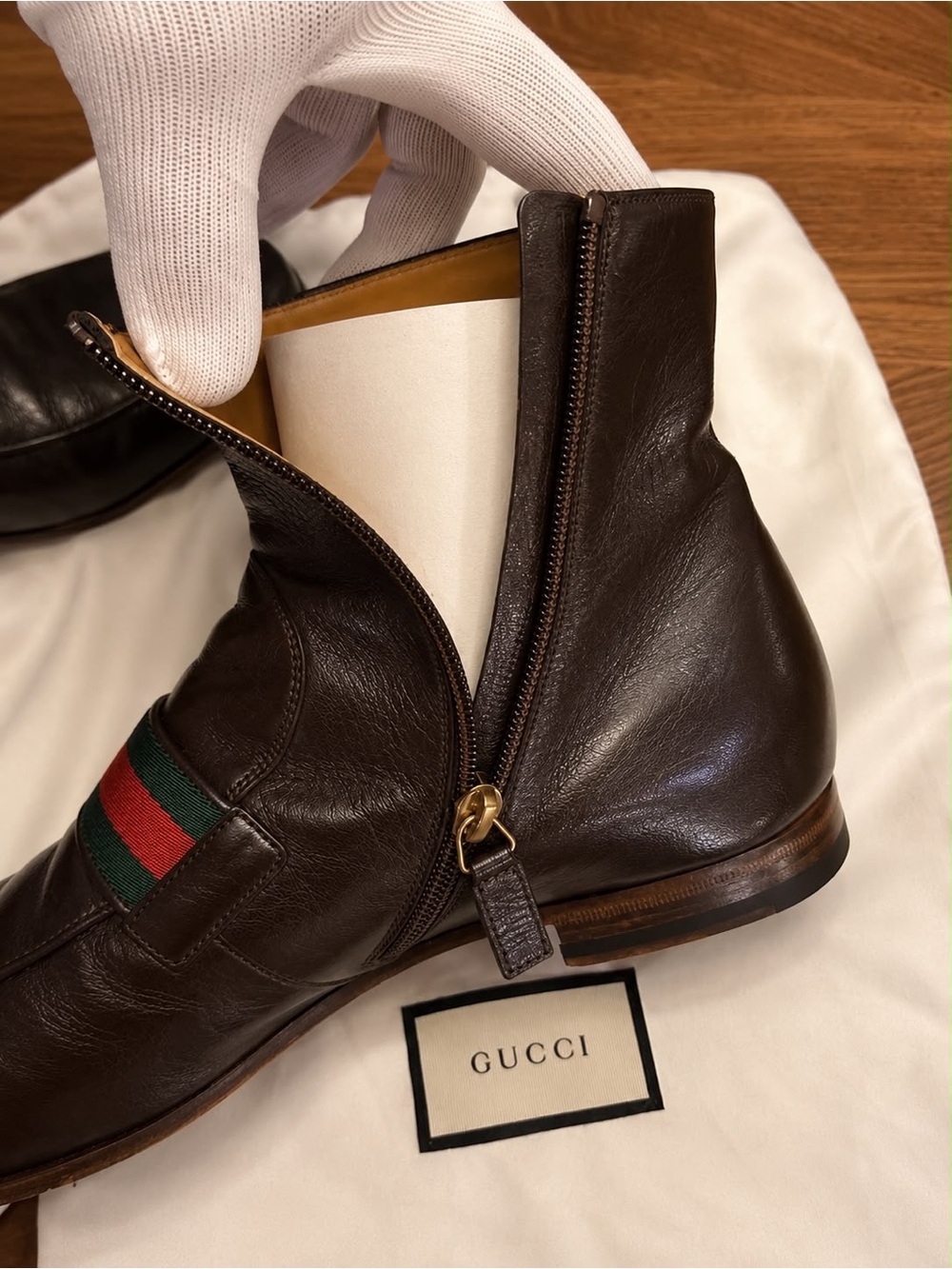 Gucci Brown Leather Men’s Ankle Chukka Boots with Green-Red Web & Gold Double G. - Picture 8 of 9